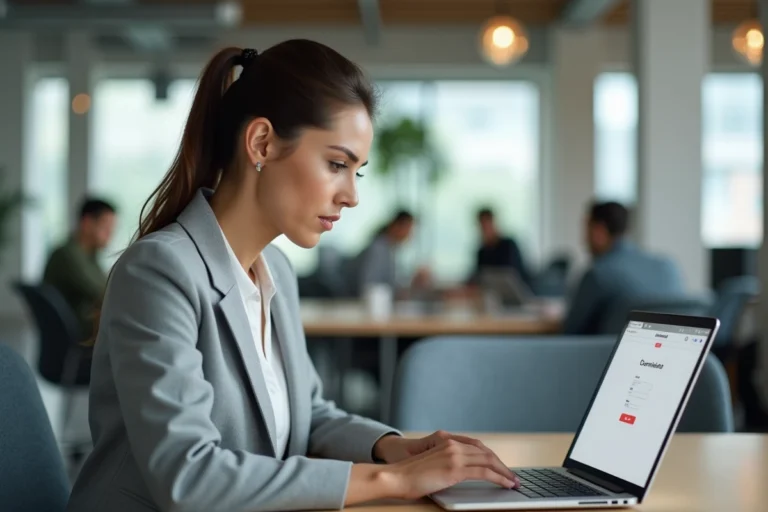 Femme professionnelle téléchargeant et gérant son compte Arkevia sur un ordinateur portable dans un bureau moderne