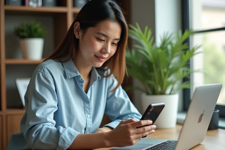 Jeune femme téléchargeant des photos Instagram sur son smartphone depuis un bureau en bois à domicile