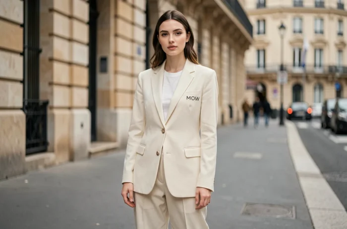 Jeune femme portant une tenue MOW tendance dans une rue parisienne, style éditorial mode minimaliste