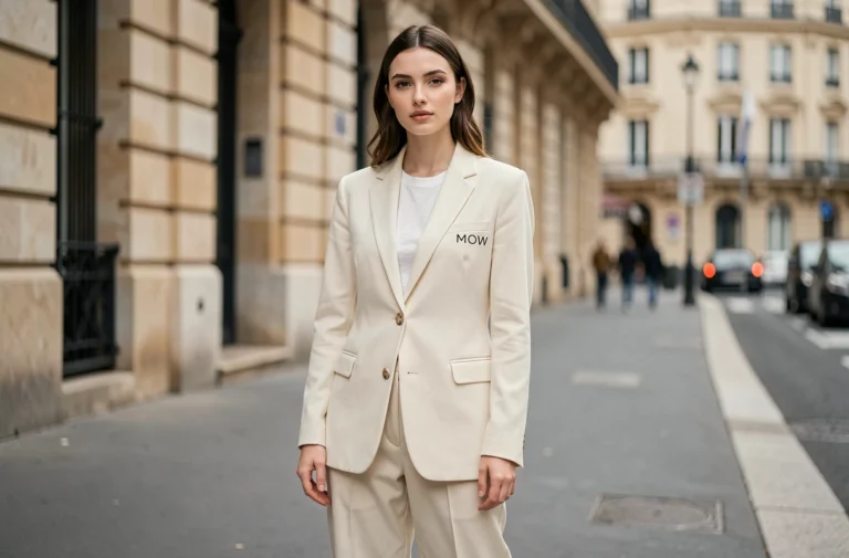 Jeune femme portant une tenue MOW tendance dans une rue parisienne, style éditorial mode minimaliste