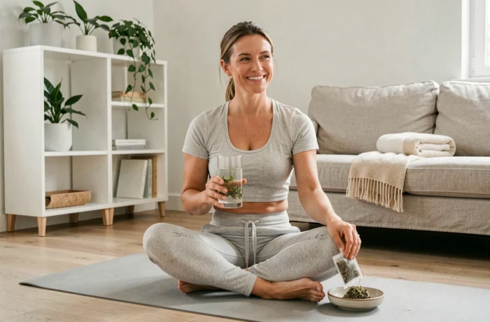 Femme assise sur un tapis de yoga après sa cure Lulutox avec une infusion dans un salon minimaliste