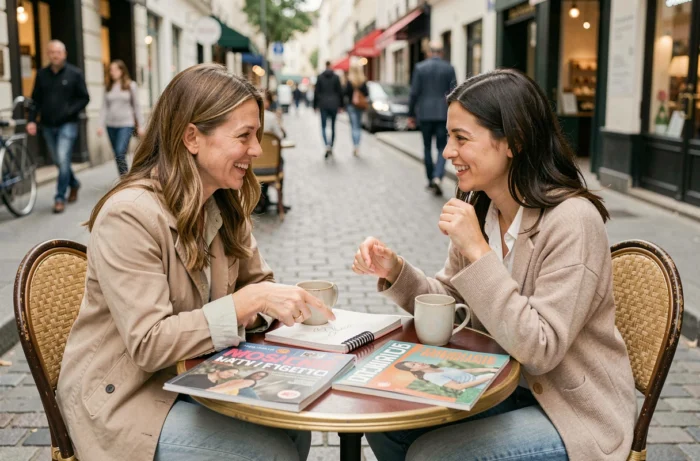 Deux femmes discutant de culture et de créativité autour de magazines dans un café parisien en terrasse