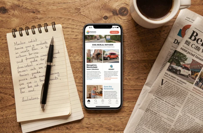 Vue aérienne d'un smartphone affichant le site de Beynat entouré de documents civiques locaux sur une table en bois