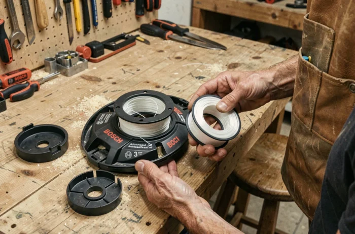 Gros plan sur les mains tenant une nouvelle bobine de fil pour rotofil Bosch sur un établi d'atelier