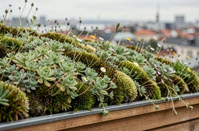 Gros plan sur un toit végétal scandinave recouvert de sedums, mousses et plantes fleuries avec des gouttes de rosée