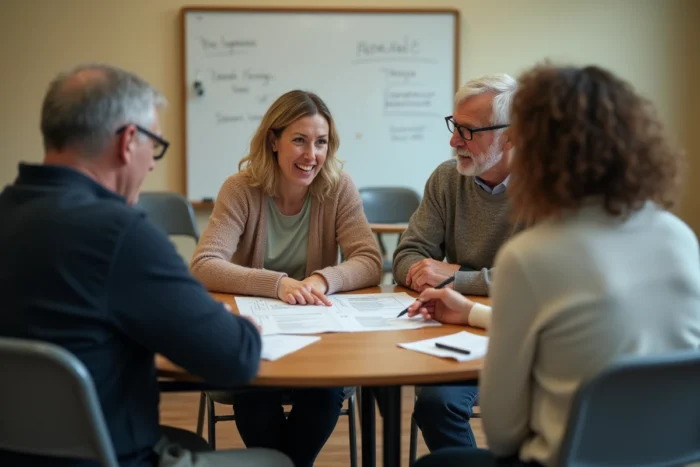 Groupe de personnes discutant des avis consommateurs sur Haplex Plus autour d'une table