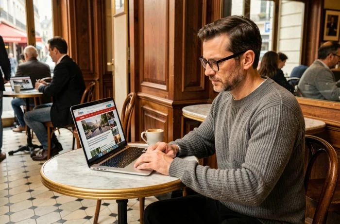 Homme lisant les dernières actualités européennes sur un ordinateur portable dans un café parisien
