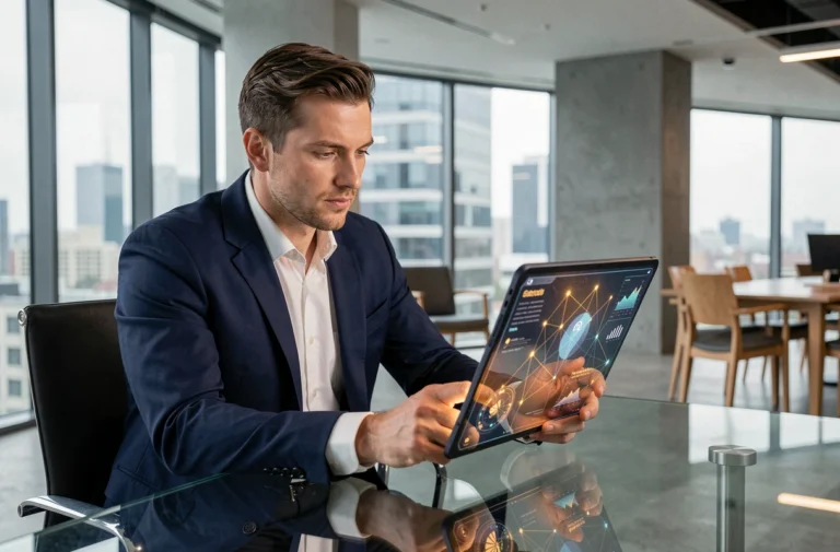 Homme d'affaires utilisant une interface blockchain sur tablette dans un bureau fintech moderne en 2026