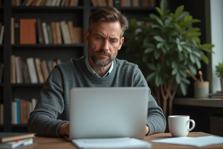 Homme consultant des avis sur un forum spécialisé concernant Haplex Plus sur un ordinateur portable