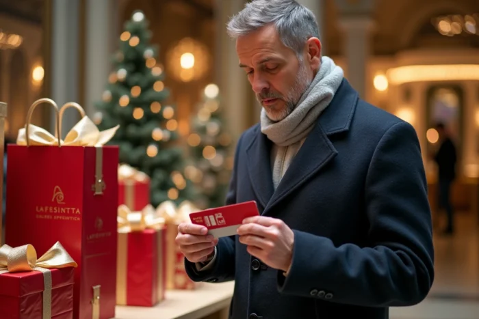 Homme consultant une carte cadeau Galeries Lafayette près d'un comptoir d'emballage cadeau