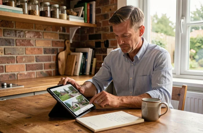 Homme comparant des visites virtuelles immobilières sur tablette dans une cuisine moderne