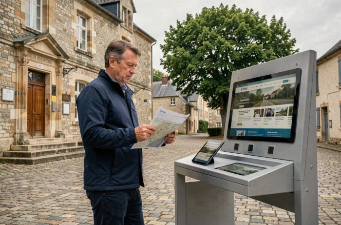 Homme consultant le site internet de la commune de Beynat devant la mairie du village