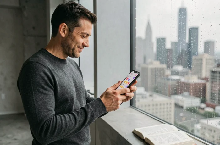 Homme lisant des emojis d'amour sur son téléphone près d'une fenêtre pluvieuse avec vue urbaine