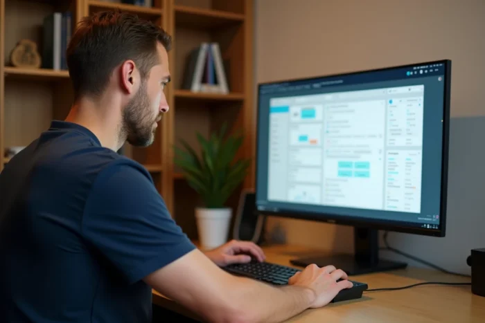 Homme gérant son compte de stockage de documents en ligne depuis un bureau à domicile sur un ordinateur de bureau