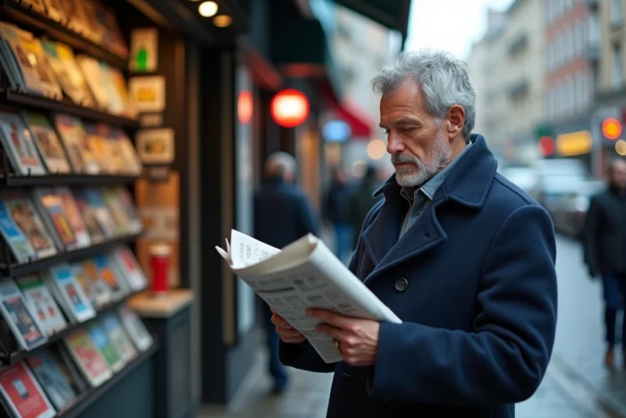 Homme lisant un journal devant un kiosque à journaux animé en plein centre-ville