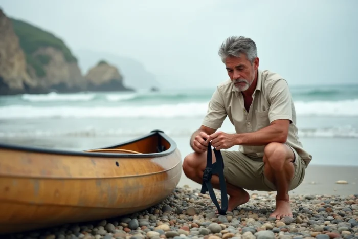 Homme préparant son kayak sur une plage de galets avant une excursion en mer