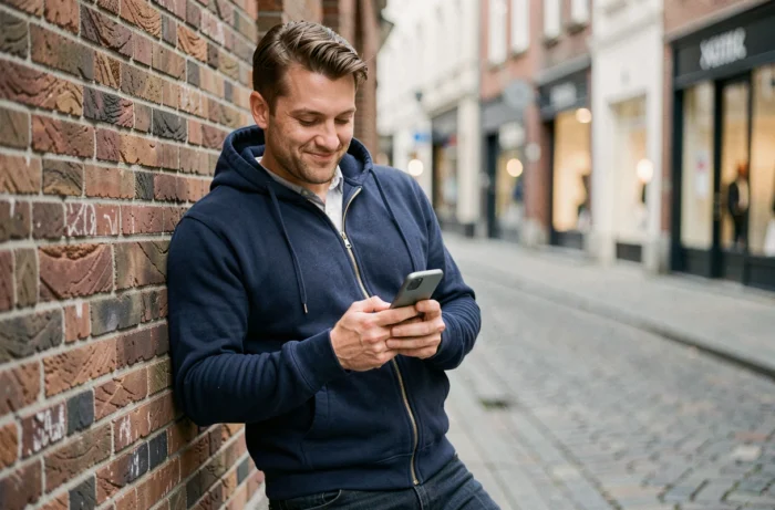 Homme souriant lisant un message romantique avec des emoji sur son téléphone, appuyé contre un mur de briques en ville
