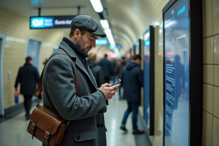 Homme consultant son smartphone dans le métro parisien devant un écran d'information, actualité en France