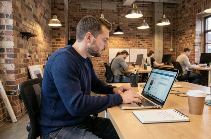 Homme en train d'optimiser sa recherche d'emploi dans un espace de coworking moderne