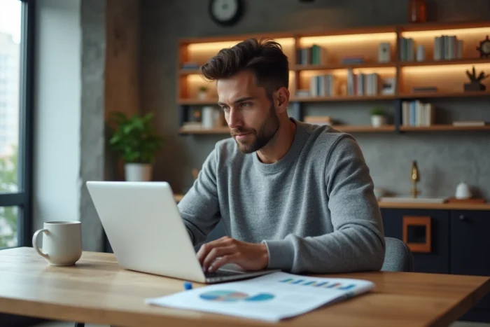 Homme consultant des annonces immobilières et des tendances du marché sur son ordinateur portable dans un appartement contemporain