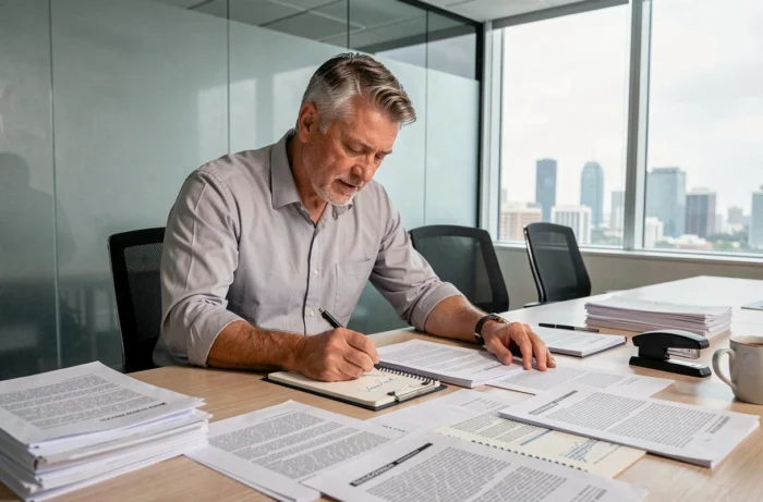 Homme d'affaires relisant des documents officiels pour rédiger une lettre de garant locatif international