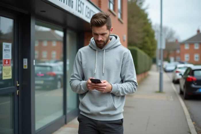 Homme vérifiant les résultats de son permis de conduire sur smartphone devant un centre d'examen