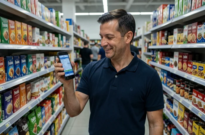 Homme utilisant une application de scan de code-barres en supermarché pour identifier un produit, tutoriel Cruchyscan
