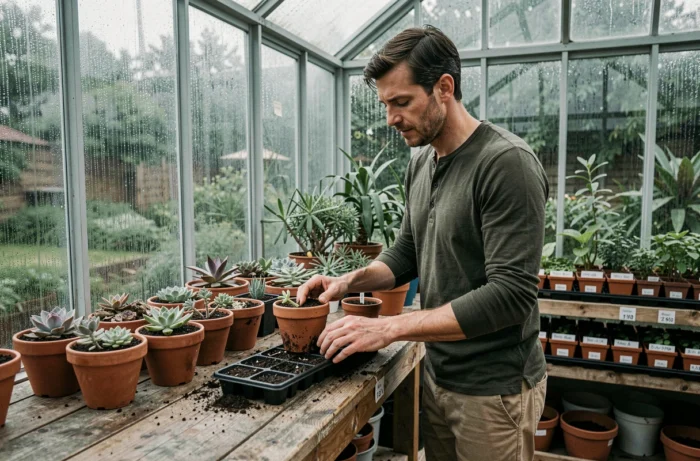 Homme jardinier arrangeant des boutures de succulentes sur un établi en bois à l'intérieur d'une serre moderne