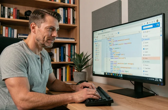 Développeur web consultant un plan de site XML sur Google Search Console depuis son bureau à domicile