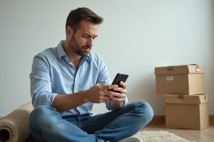 Homme consultant une application bancaire sur smartphone pour gérer les paiements échelonnés de son déménagement
