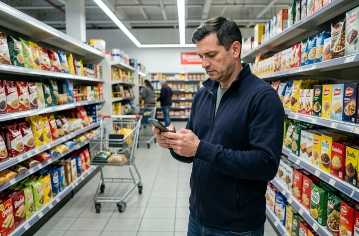 Homme consultant son smartphone dans un rayon de supermarché Carrefour pour laisser un avis produit