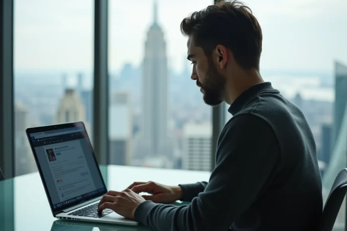 Homme utilisant un navigateur web sur laptop pour télécharger des vidéos Instagram via une extension