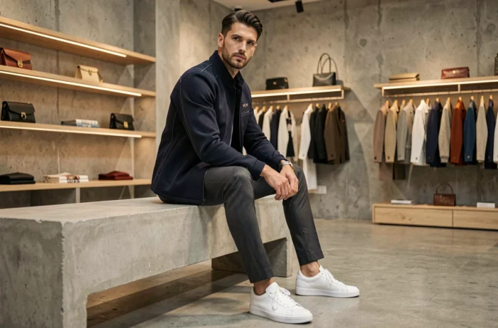 Homme en veste MOW tendance assis dans un concept store moderne, photographie mode commerciale