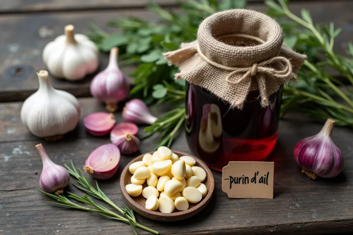 Vue de dessus des ingrédients pour préparer un purin d'ail maison : gousses d'ail, bocal en verre et herbes sur une table en bois