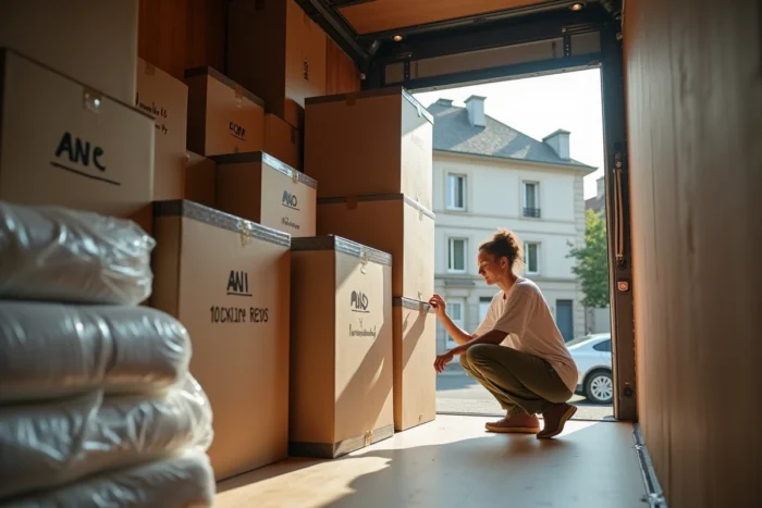 Intérieur d'un camion 10m3 bien organisé avec des cartons empilés et des meubles protégés pour un déménagement