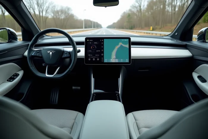 Intérieur cockpit d'un véhicule électrique premium avec tableau de bord numérique et écran tactile