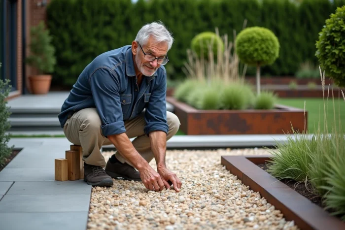 Homme aménageant un jardin contemporain avec graviers décoratifs et graminées ornementales dans des bacs en acier Corten