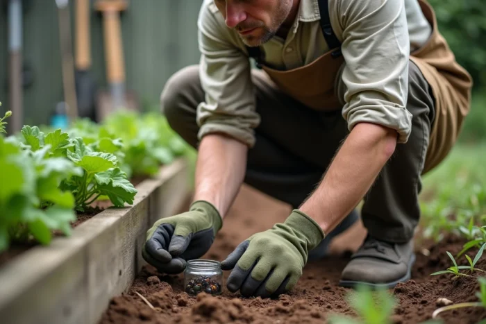 Jardinier examinant des carabes Pseudoophonus rufipes capturés dans un bocal en verre au potager