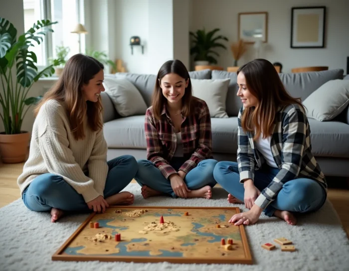 Trois amis concentrés sur un jeu de société stratégique posé sur une table basse dans un salon moderne