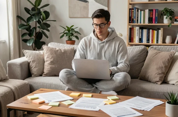 Jeune entrepreneur en train de lancer son activité en indépendant depuis son salon, entouré de notes et documents de planification d'entreprise