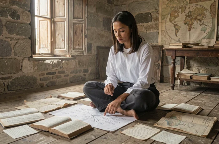 Jeune femme assise sur le sol d'une vieille maison familiale, entourée de livres de généalogie et de documents d'archives, retraçant son parcours et ses origines