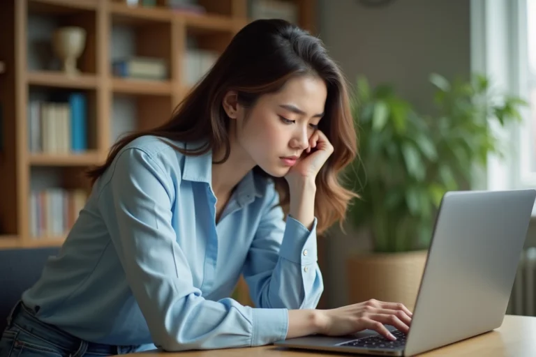 Jeune femme consultant les résultats de son permis de conduire sur un ordinateur portable à la maison