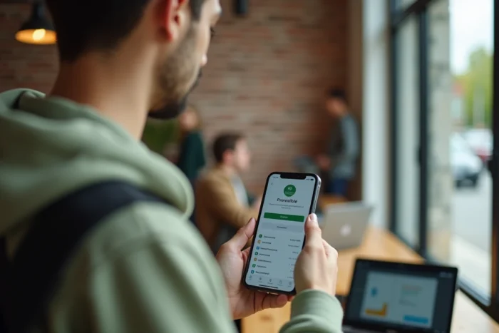 Jeune professionnel consultant et gérant son compte Arkevia sur smartphone dans un espace de coworking