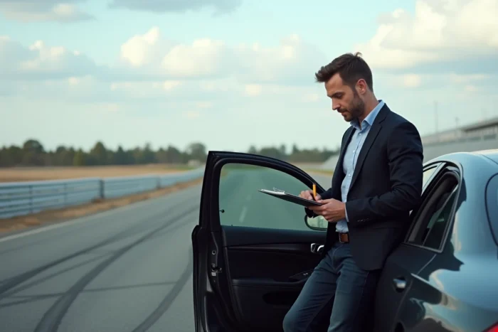 Journaliste automobile prenant des notes lors d'un essai sur circuit de test