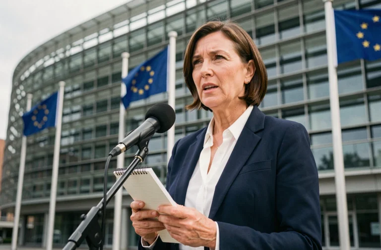 Journaliste devant le Parlement européen à Bruxelles couvrant l'actualité européenne en temps réel