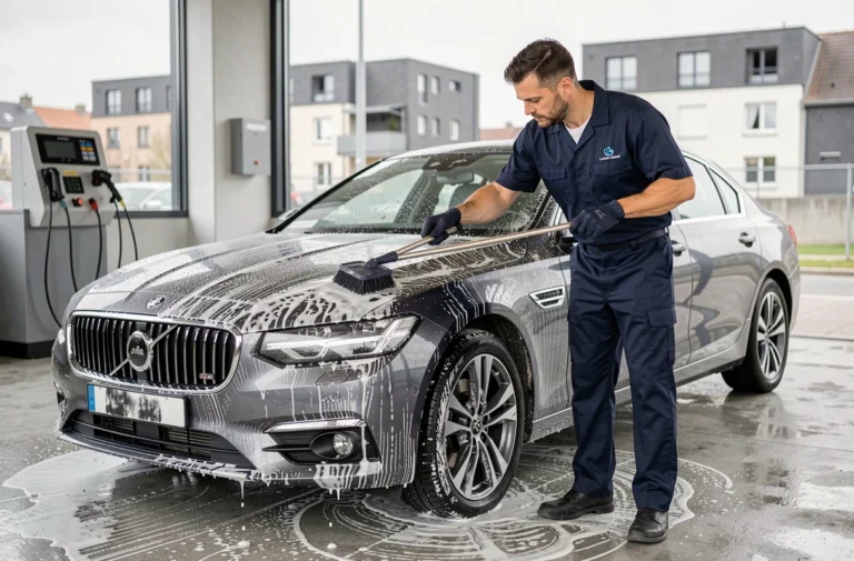 Technicien professionnel appliquant de la mousse sur une berline grise dans un centre de lavage auto à Metz