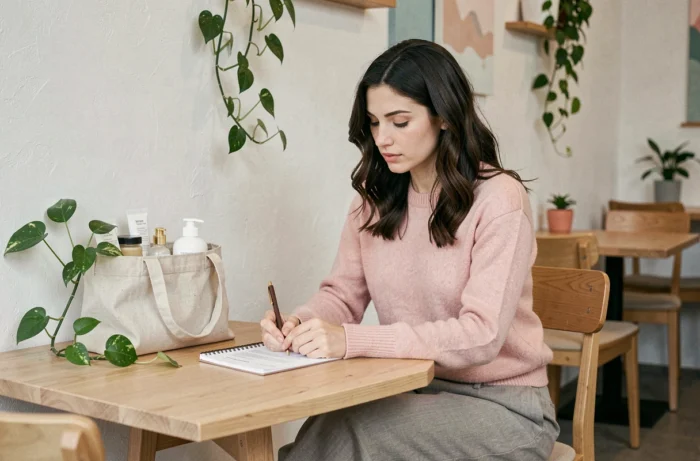 Femme assise dans un café scandinave consultant sa liste de shopping bien-être avec un sac en lin rempli de produits naturels