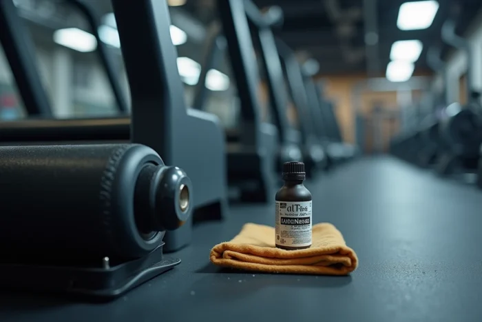 Bouteille de lubrifiant pour tapis de course posée près du rouleau arrière pour prévenir les glissements