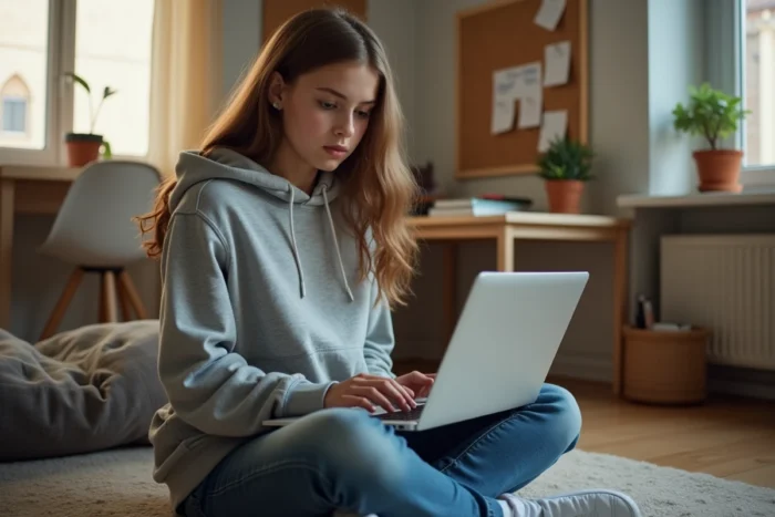 Lycéenne consultant son livret scolaire en ligne depuis sa chambre dans le cadre de l'Académie de Versailles