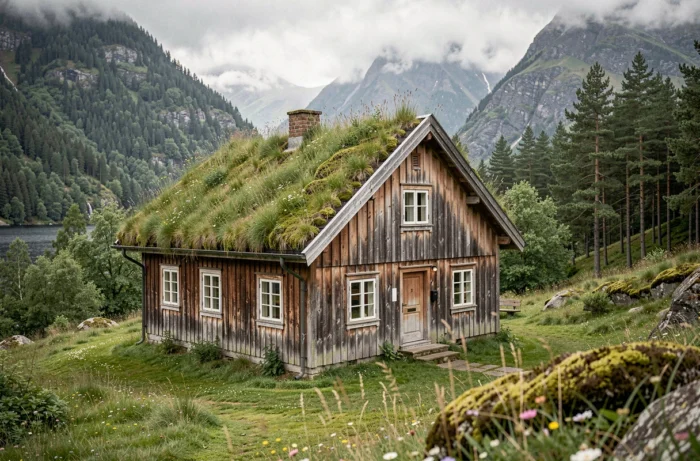 Maison norvégienne traditionnelle avec toit végétal en gazon et herbes sauvages dans une vallée de fjord entourée de montagnes brumeuses